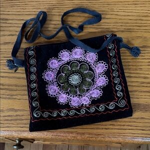 Embroidered Black Velvet Crossbody Bag with Purple Floral Motif